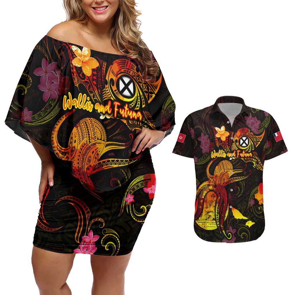 Wallis and Futuna Couples Matching Off Shoulder Short Dress and Hawaiian Shirt Octopus Plumeria Polynesian Tattoo DT02 Black - Polynesian Pride