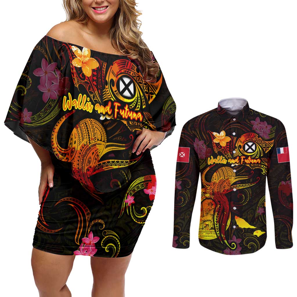 Wallis and Futuna Couples Matching Off Shoulder Short Dress and Long Sleeve Button Shirt Octopus Plumeria Polynesian Tattoo DT02 Black - Polynesian Pride