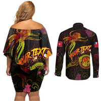 Wallis and Futuna Couples Matching Off Shoulder Short Dress and Long Sleeve Button Shirt Octopus Plumeria Polynesian Tattoo DT02 - Polynesian Pride