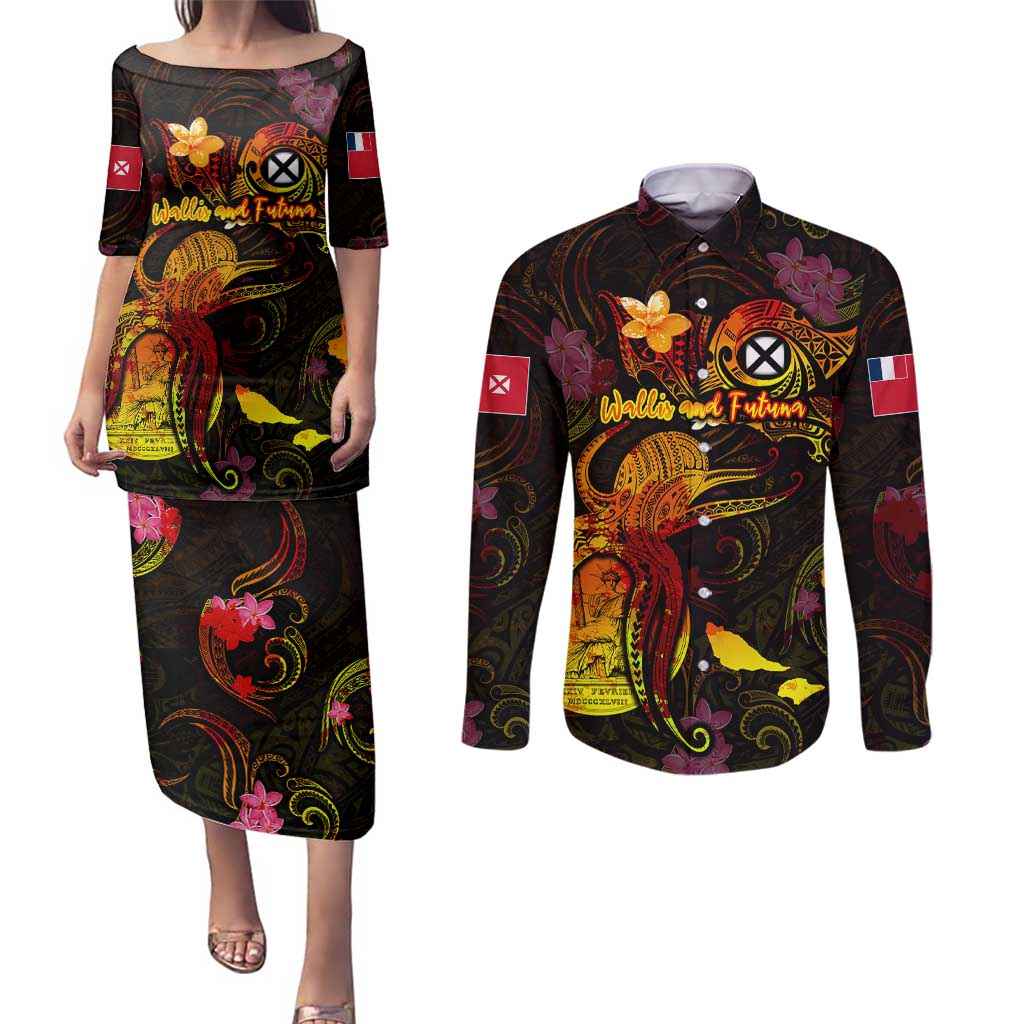 Wallis and Futuna Couples Matching Puletasi and Long Sleeve Button Shirt Octopus Plumeria Polynesian Tattoo DT02 Black - Polynesian Pride