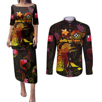 Wallis and Futuna Couples Matching Puletasi and Long Sleeve Button Shirt Octopus Plumeria Polynesian Tattoo DT02 Black - Polynesian Pride