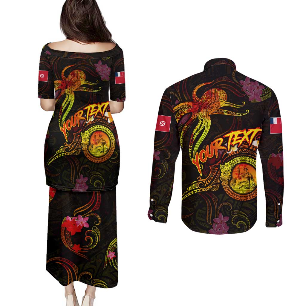 Wallis and Futuna Couples Matching Puletasi and Long Sleeve Button Shirt Octopus Plumeria Polynesian Tattoo DT02 - Polynesian Pride
