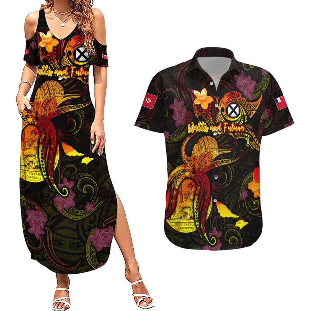 Wallis and Futuna Couples Matching Summer Maxi Dress and Hawaiian Shirt Octopus Plumeria Polynesian Tattoo DT02 Black - Polynesian Pride