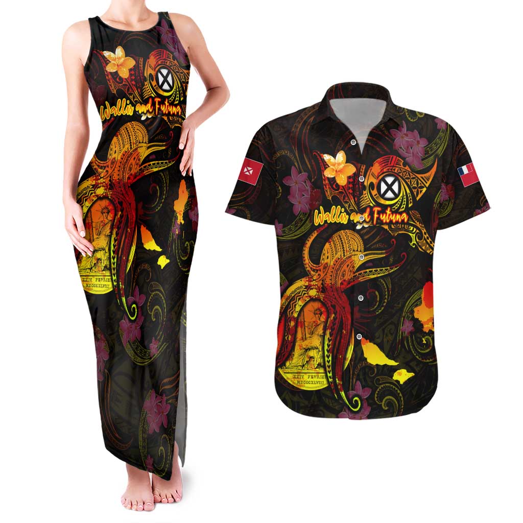 Wallis and Futuna Couples Matching Tank Maxi Dress and Hawaiian Shirt Octopus Plumeria Polynesian Tattoo DT02 Black - Polynesian Pride