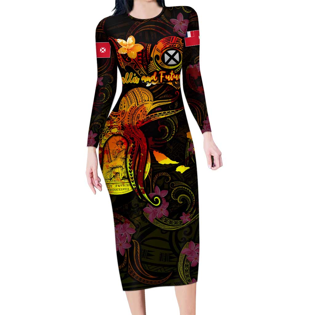 Wallis and Futuna Family Matching Long Sleeve Bodycon Dress and Hawaiian Shirt Octopus Plumeria Polynesian Tattoo DT02 Mom's Dress Black - Polynesian Pride