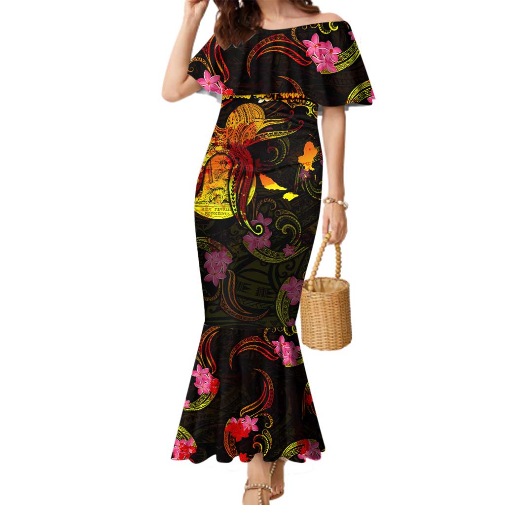 Wallis and Futuna Family Matching Mermaid Dress and Hawaiian Shirt Octopus Plumeria Polynesian Tattoo DT02 Mom's Dress Black - Polynesian Pride