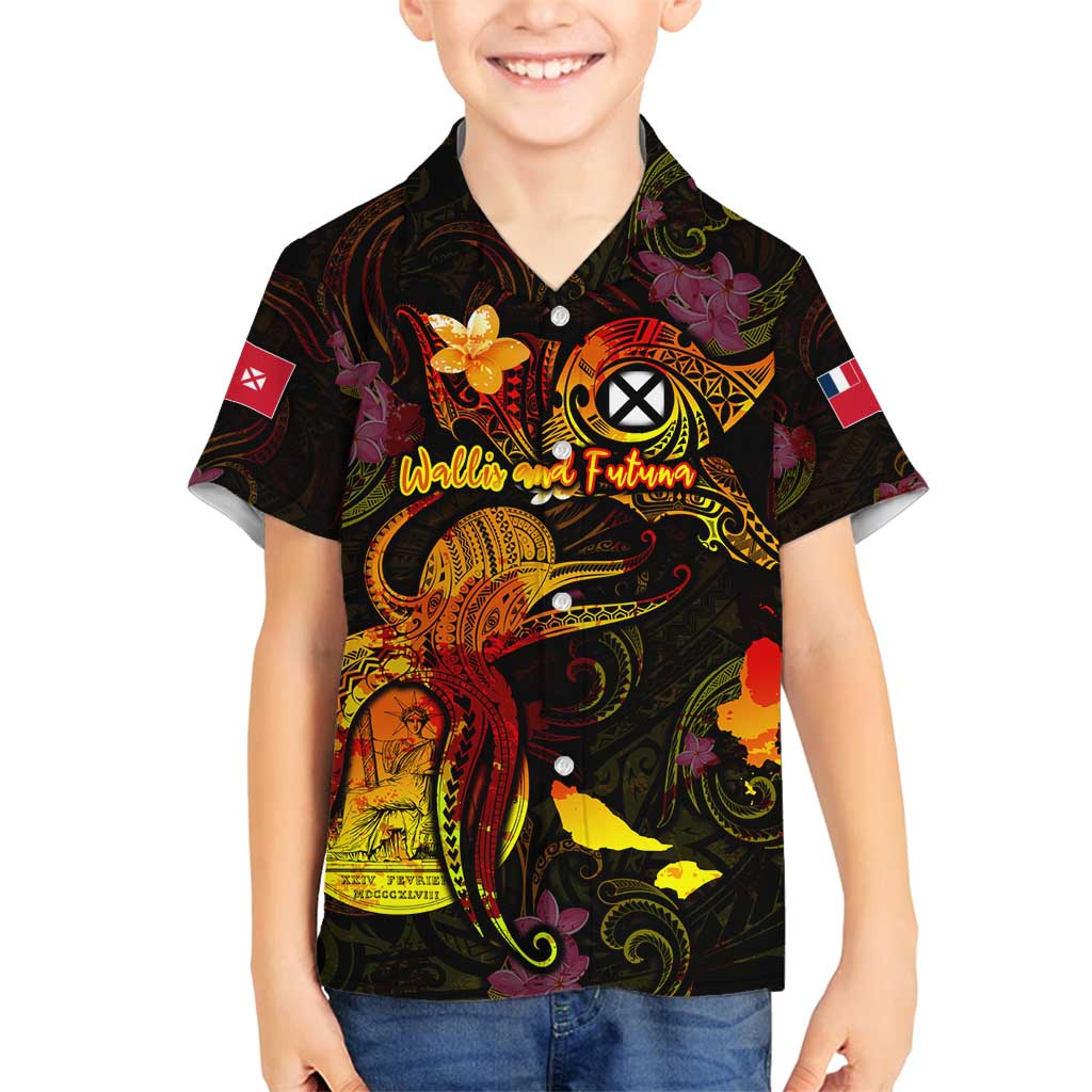 Wallis and Futuna Family Matching Tank Maxi Dress and Hawaiian Shirt Octopus Plumeria Polynesian Tattoo DT02 Son's Shirt Black - Polynesian Pride