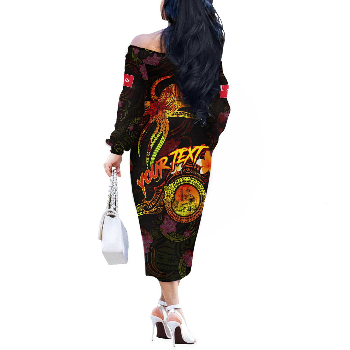 Wallis and Futuna Off The Shoulder Long Sleeve Dress Octopus Plumeria Polynesian Tattoo