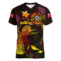 Wallis and Futuna Women V-Neck T-Shirt Octopus Plumeria Polynesian Tattoo DT02 Female Black - Polynesian Pride
