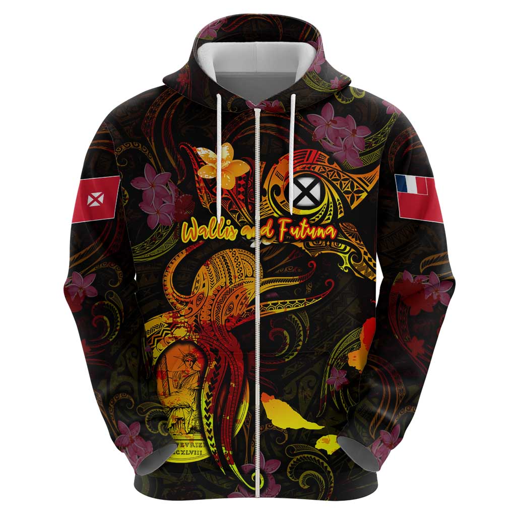 Wallis and Futuna Zip Hoodie Octopus Plumeria Polynesian Tattoo