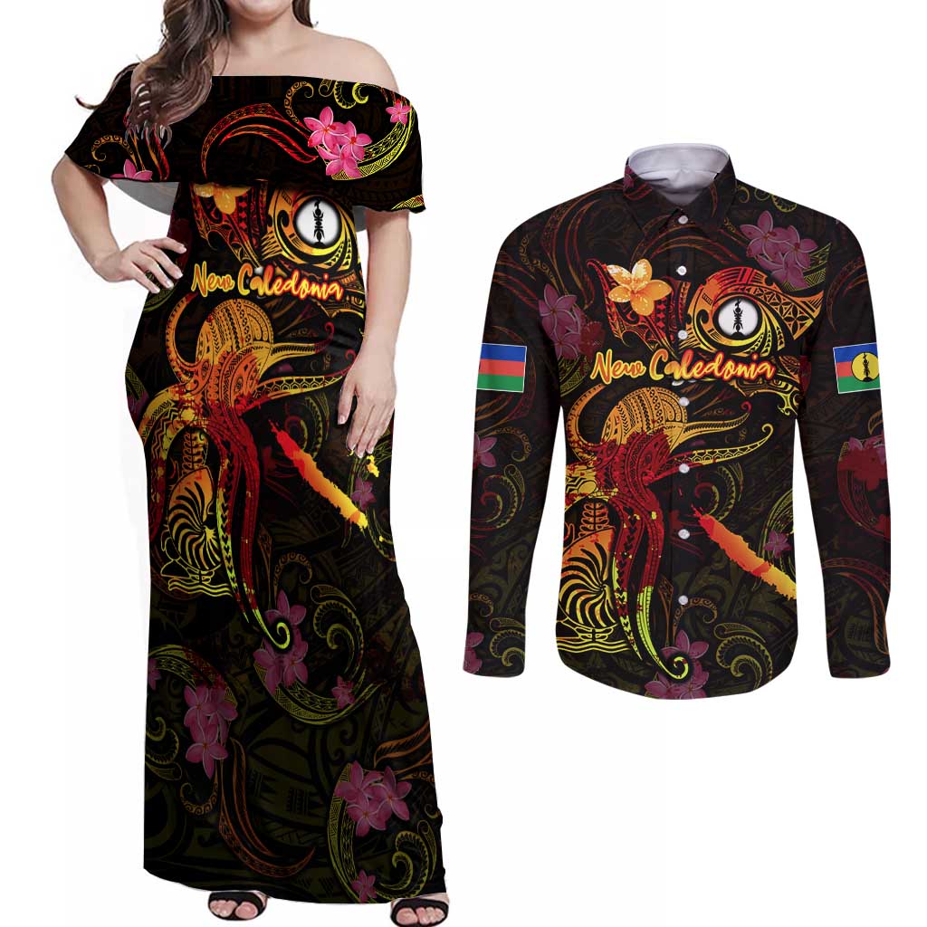 New Caledonia Couples Matching Off Shoulder Maxi Dress and Long Sleeve Button Shirt Octopus Plumeria Polynesian Tattoo