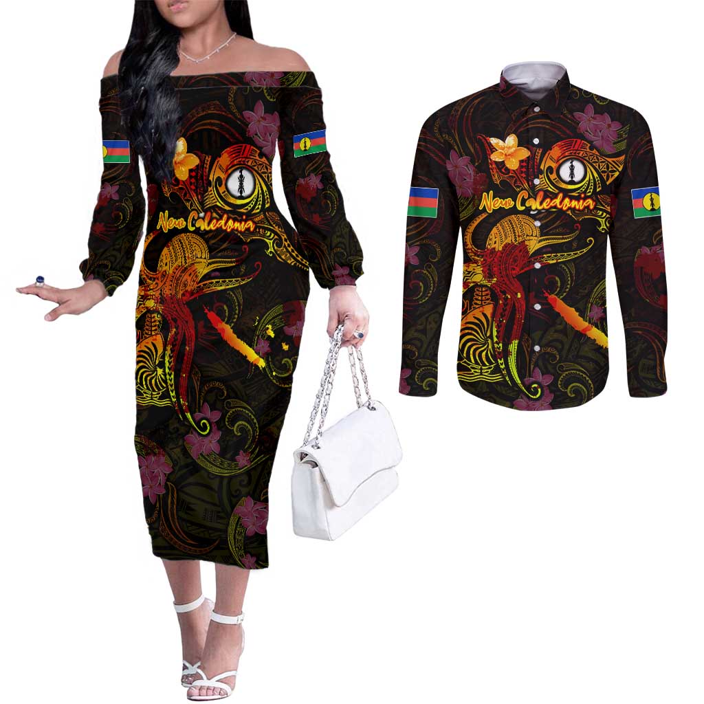 New Caledonia Couples Matching Off The Shoulder Long Sleeve Dress and Long Sleeve Button Shirt Octopus Plumeria Polynesian Tattoo