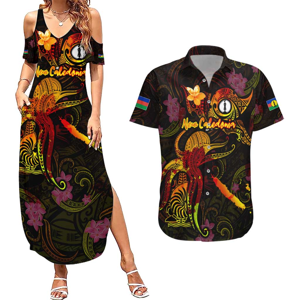 New Caledonia Couples Matching Summer Maxi Dress and Hawaiian Shirt Octopus Plumeria Polynesian Tattoo