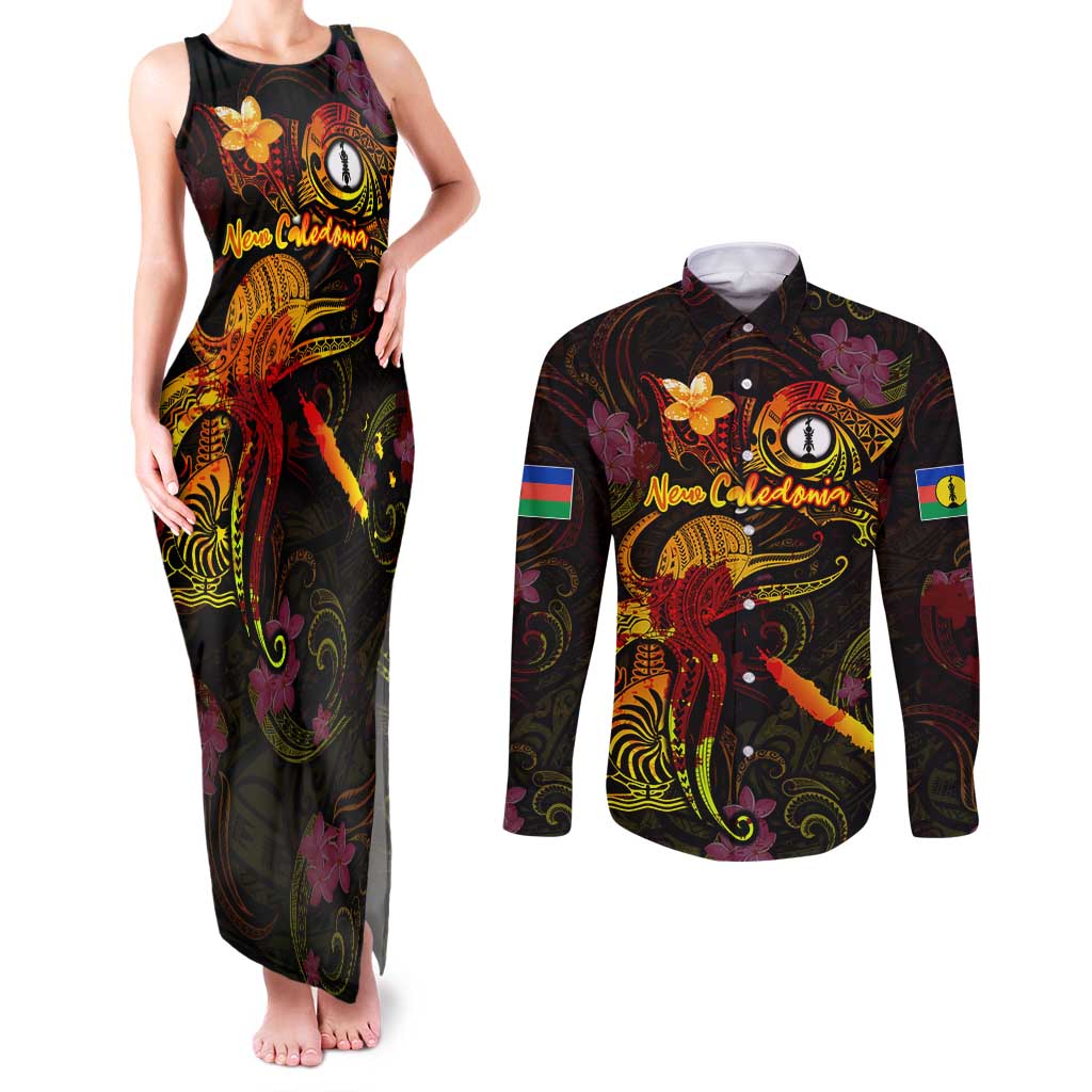 New Caledonia Couples Matching Tank Maxi Dress and Long Sleeve Button Shirt Octopus Plumeria Polynesian Tattoo