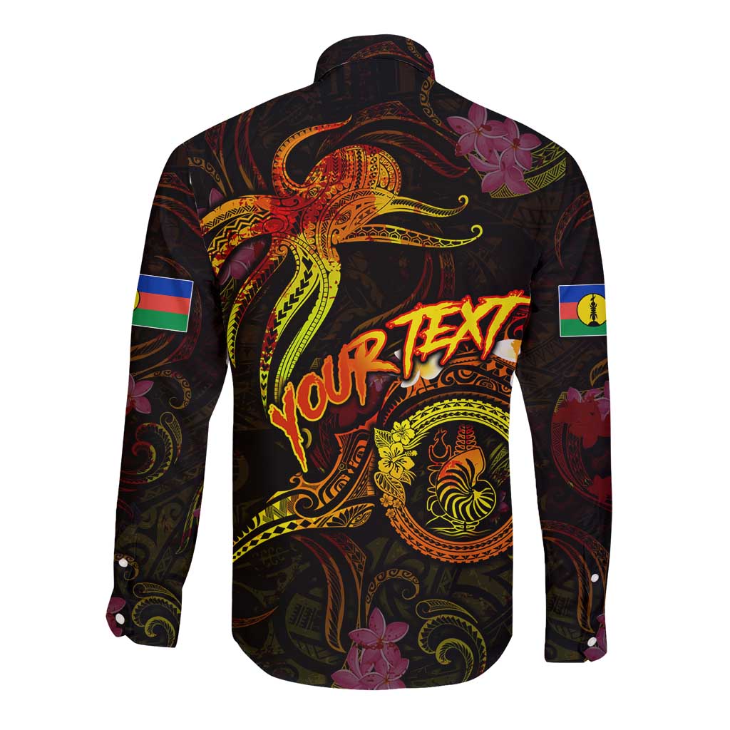 New Caledonia Long Sleeve Button Shirt Octopus Plumeria Polynesian Tattoo