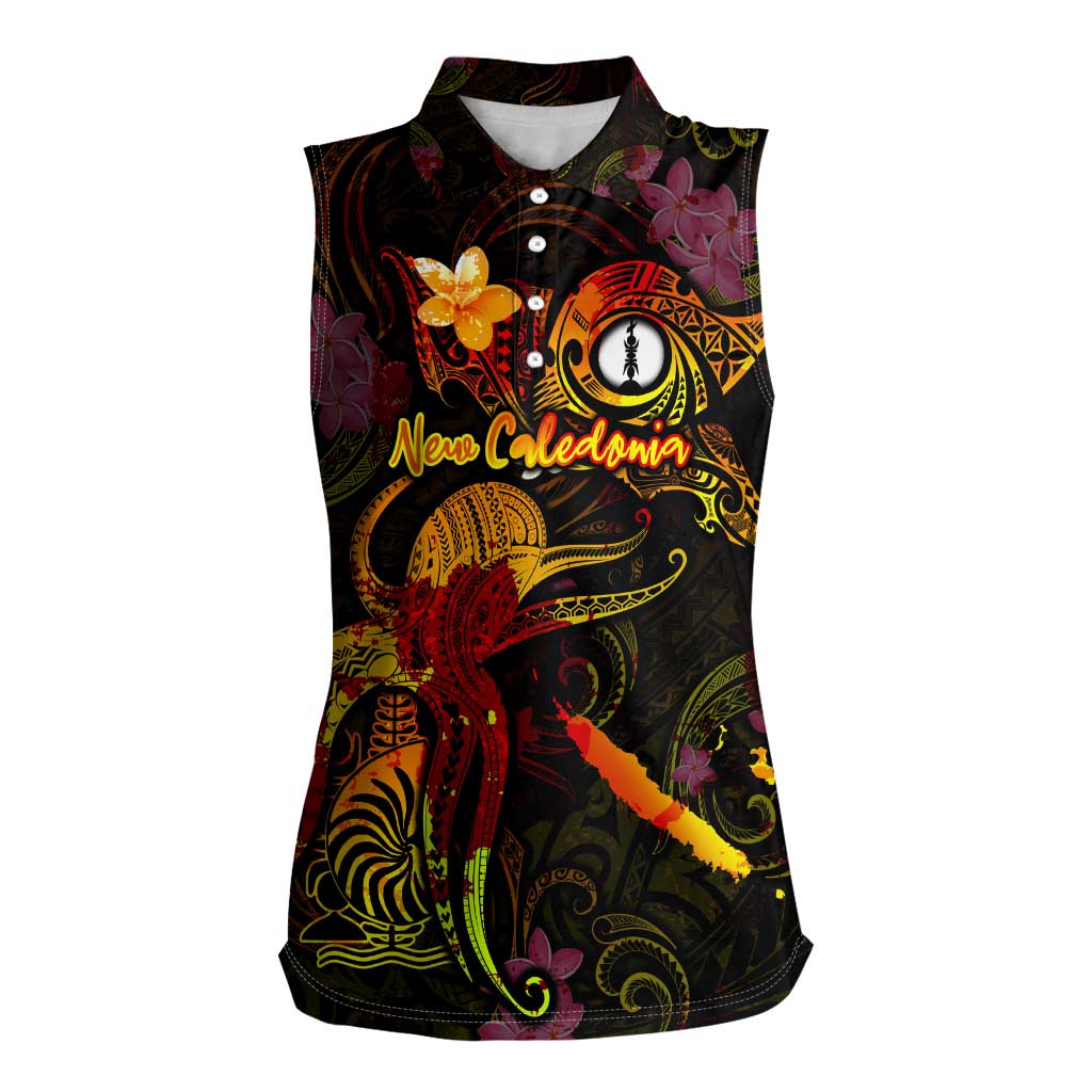 New Caledonia Women Sleeveless Polo Shirt Octopus Plumeria Polynesian Tattoo