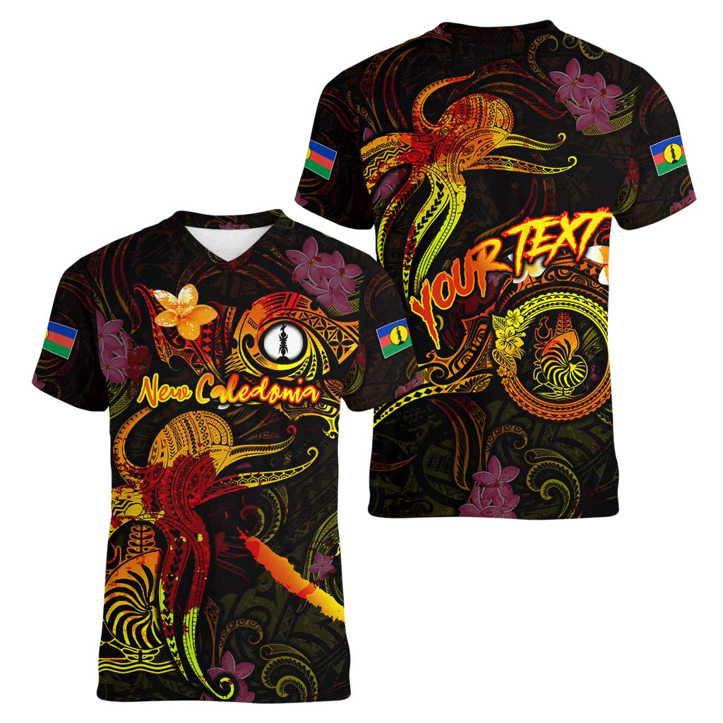 New Caledonia Women V-Neck T-Shirt Octopus Plumeria Polynesian Tattoo