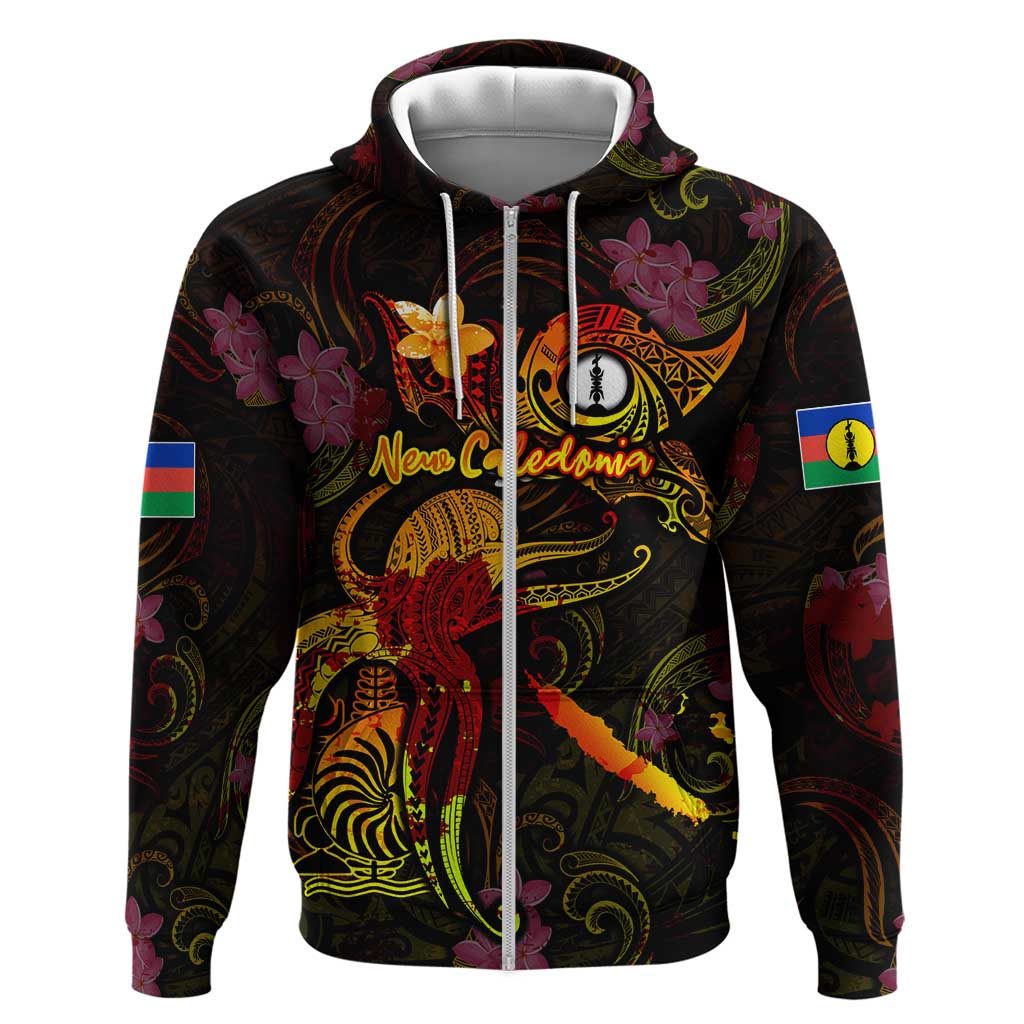 New Caledonia Zip Hoodie Octopus Plumeria Polynesian Tattoo