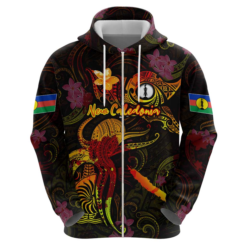 New Caledonia Zip Hoodie Octopus Plumeria Polynesian Tattoo