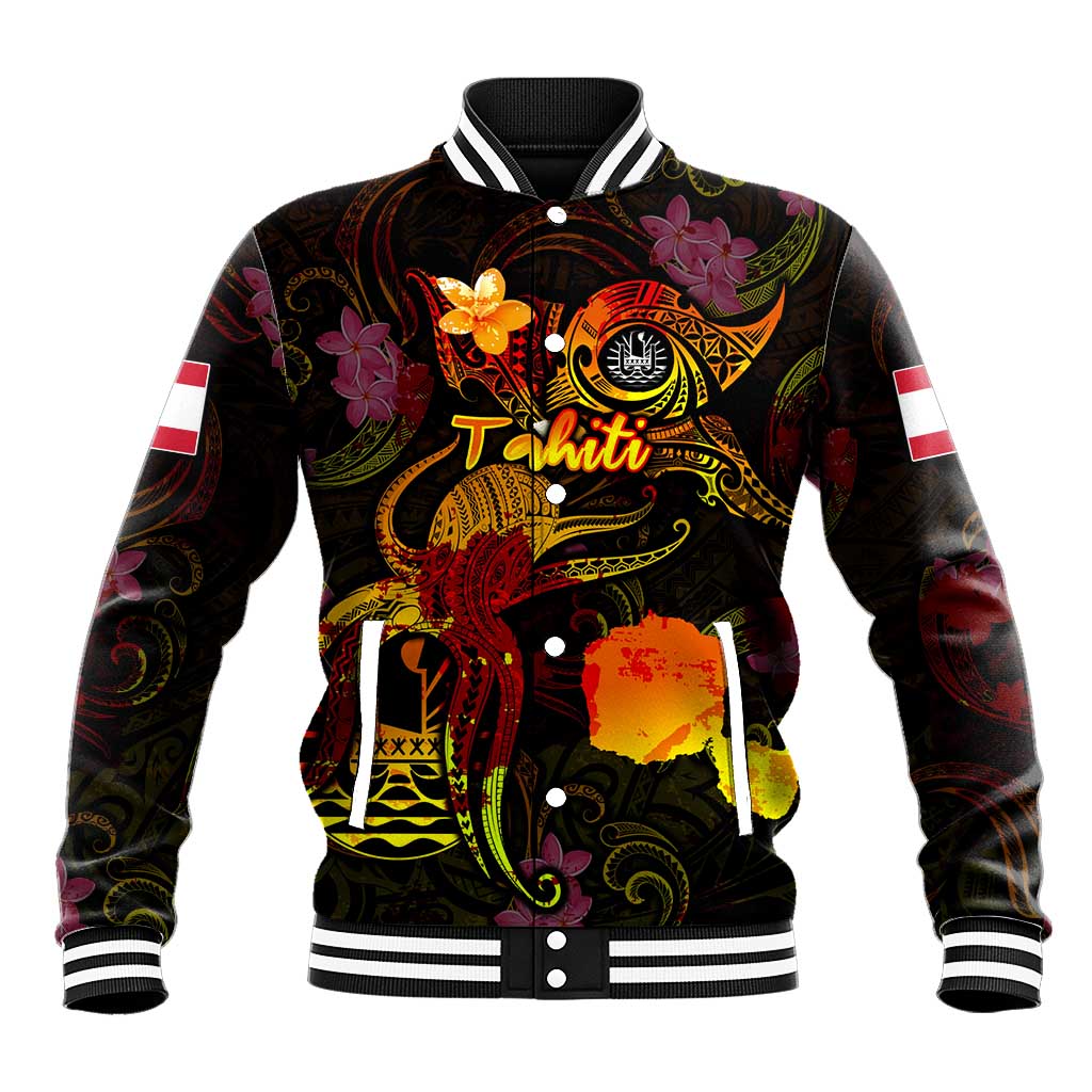 Tahiti French Polynesia Baseball Jacket Octopus Plumeria Polynesian Tattoo DT02 Unisex Black - Polynesian Pride