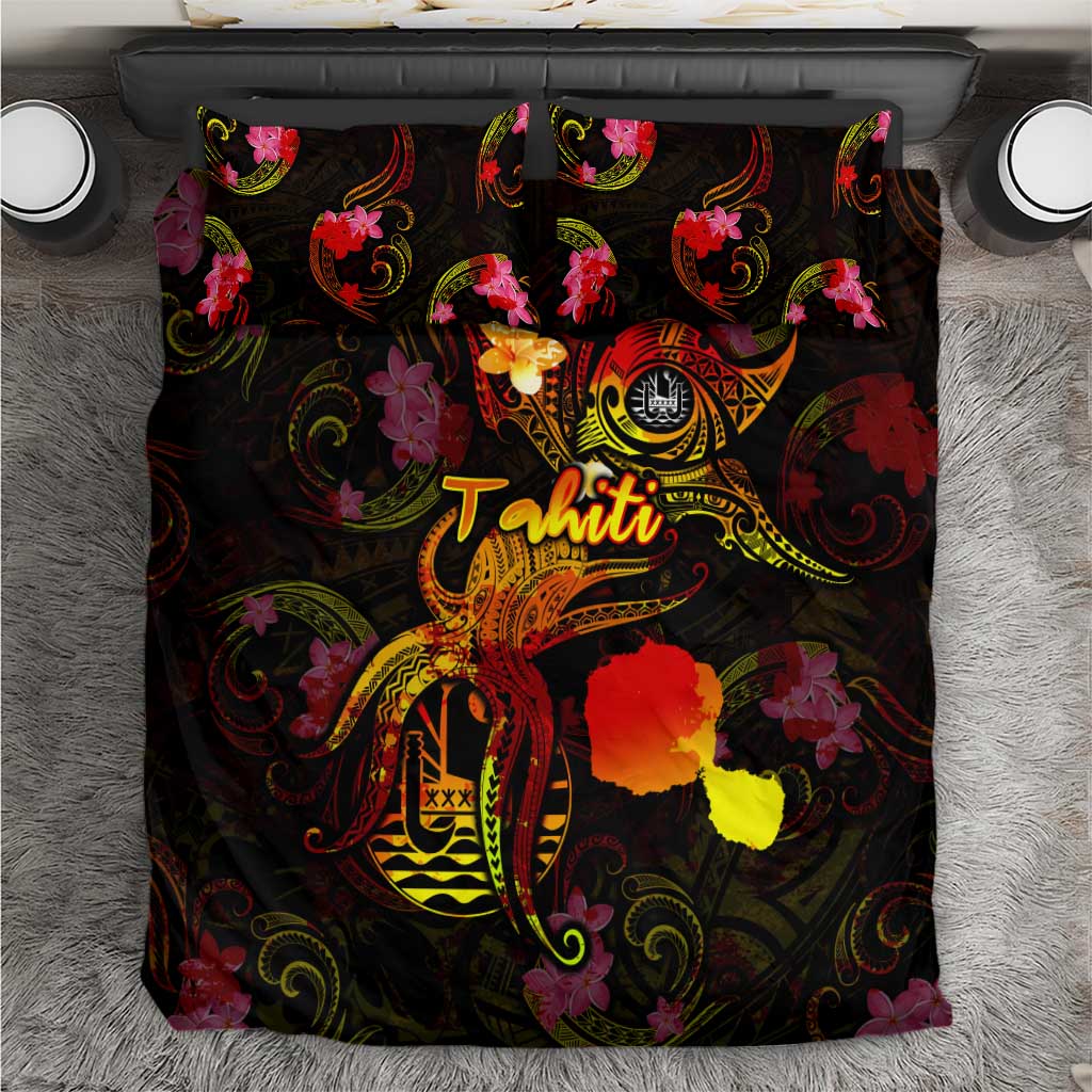 Tahiti French Polynesia Bedding Set Octopus Plumeria Polynesian Tattoo DT02 Black - Polynesian Pride