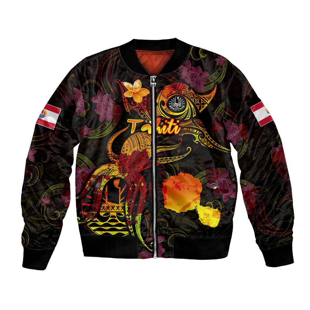 Tahiti French Polynesia Bomber Jacket Octopus Plumeria Polynesian Tattoo DT02 Unisex Black - Polynesian Pride