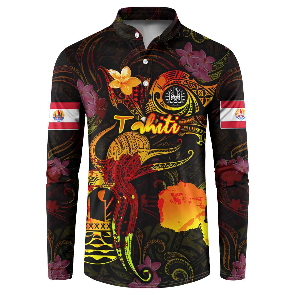 Tahiti French Polynesia Button Sweatshirt Octopus Plumeria Polynesian Tattoo DT02 Black - Polynesian Pride