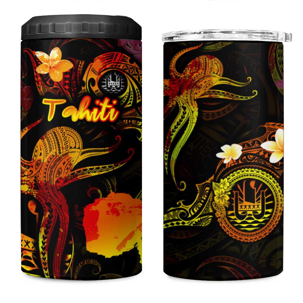 Tahiti French Polynesia 4 in 1 Can Cooler Tumbler Octopus Plumeria Polynesian Tattoo