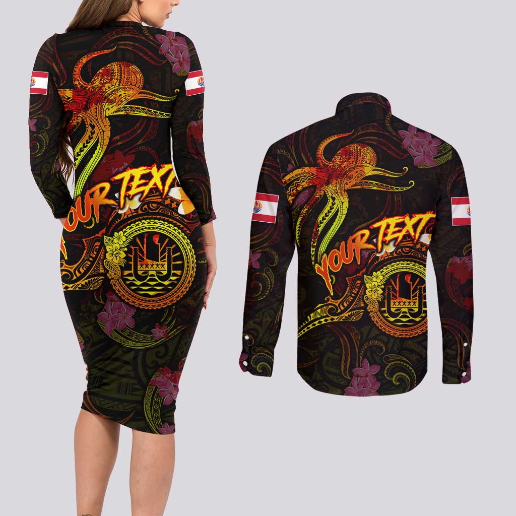 Tahiti French Polynesia Couples Matching Long Sleeve Bodycon Dress and Long Sleeve Button Shirt Octopus Plumeria Polynesian Tattoo