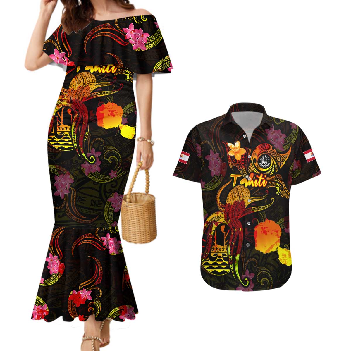 Tahiti French Polynesia Couples Matching Mermaid Dress and Hawaiian Shirt Octopus Plumeria Polynesian Tattoo