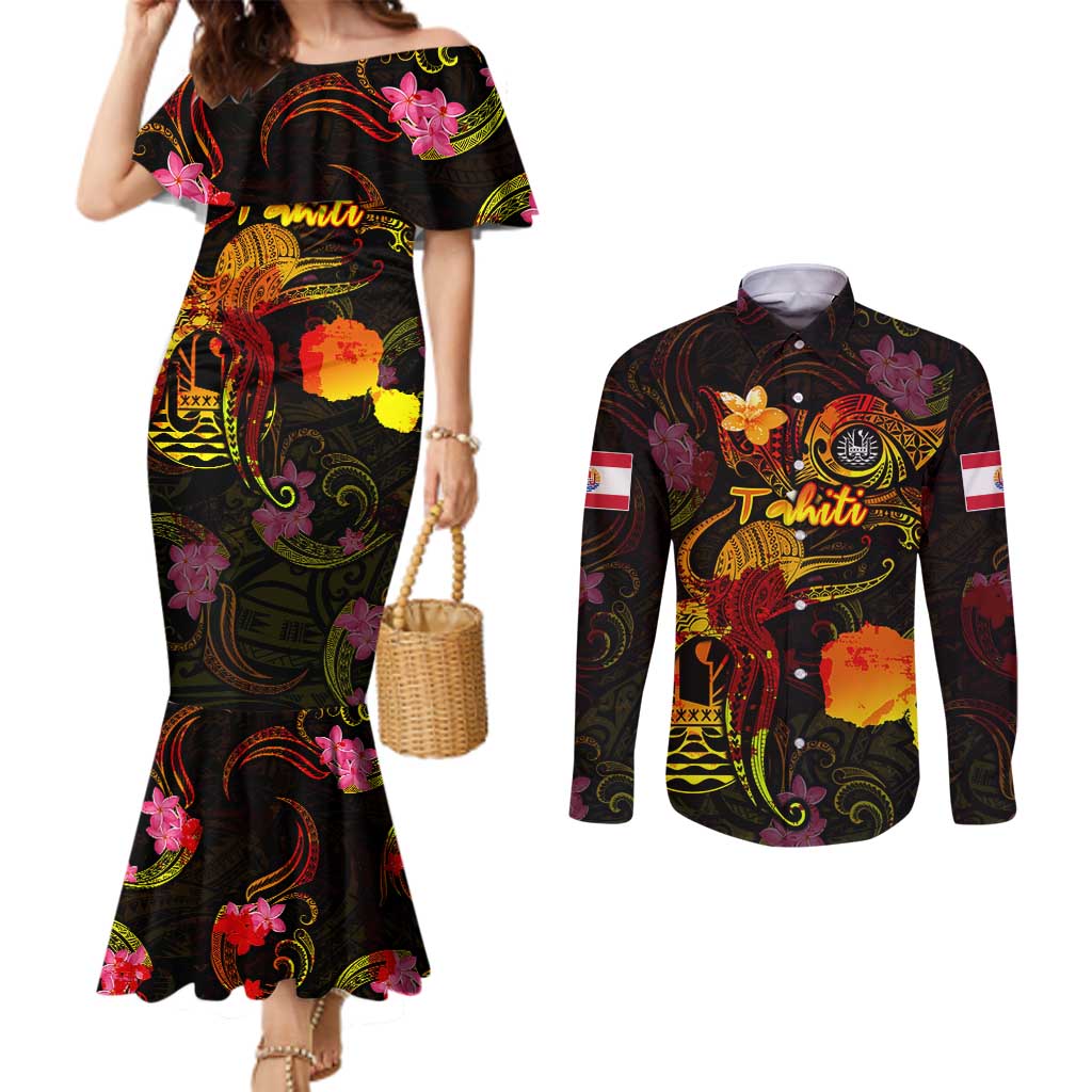 Tahiti French Polynesia Couples Matching Mermaid Dress and Long Sleeve Button Shirt Octopus Plumeria Polynesian Tattoo DT02 Black - Polynesian Pride