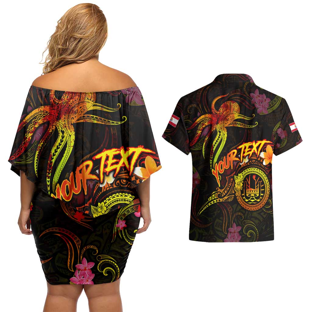 Tahiti French Polynesia Couples Matching Off Shoulder Short Dress and Hawaiian Shirt Octopus Plumeria Polynesian Tattoo
