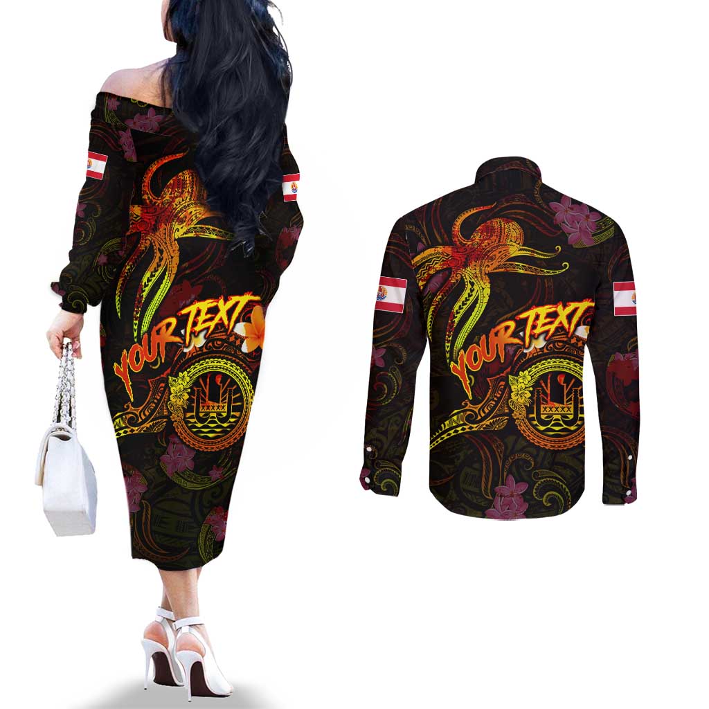 Tahiti French Polynesia Couples Matching Off The Shoulder Long Sleeve Dress and Long Sleeve Button Shirt Octopus Plumeria Polynesian Tattoo