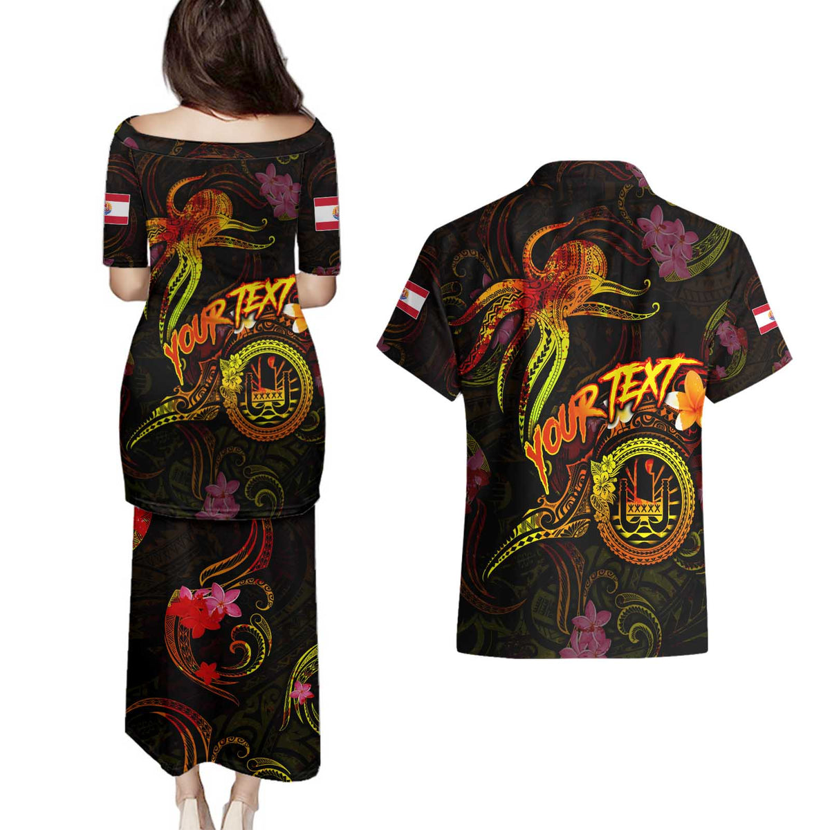 Tahiti French Polynesia Couples Matching Puletasi and Hawaiian Shirt Octopus Plumeria Polynesian Tattoo