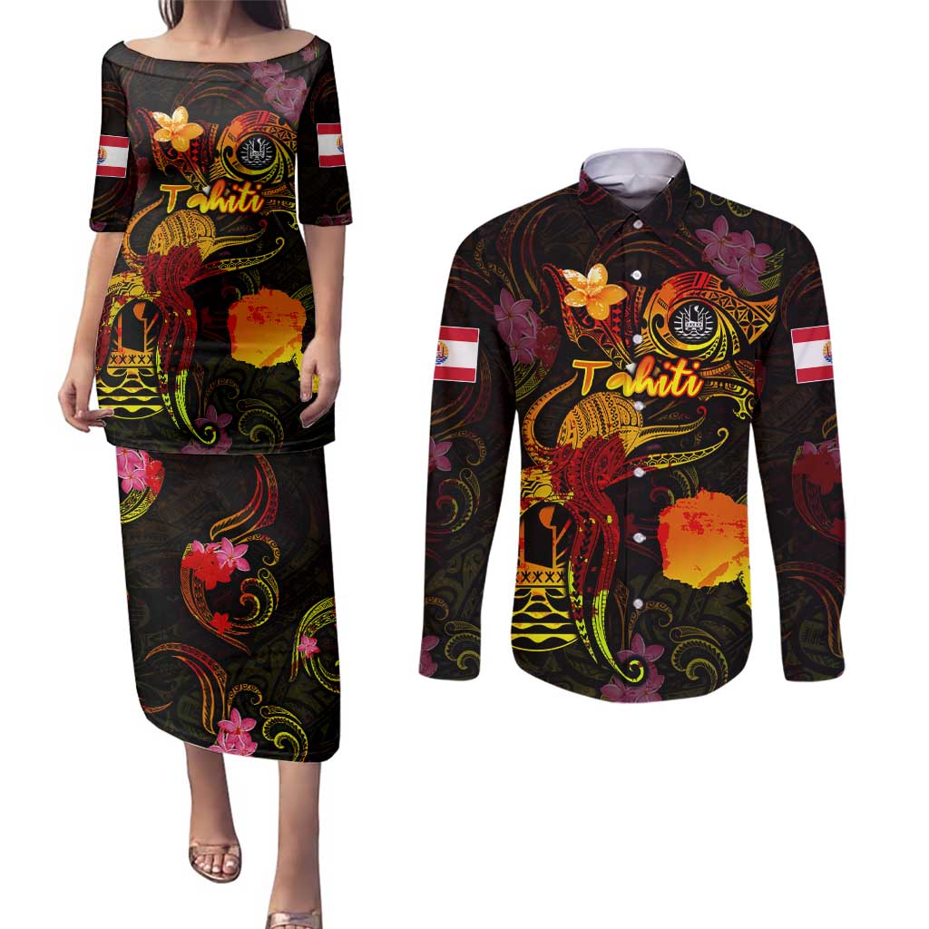 Tahiti French Polynesia Couples Matching Puletasi and Long Sleeve Button Shirt Octopus Plumeria Polynesian Tattoo DT02 Black - Polynesian Pride