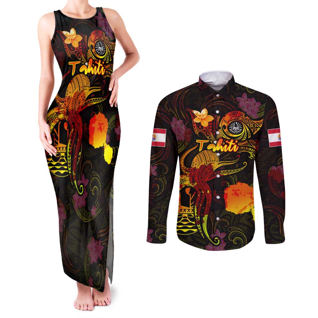 Tahiti French Polynesia Couples Matching Tank Maxi Dress and Long Sleeve Button Shirt Octopus Plumeria Polynesian Tattoo DT02 Black - Polynesian Pride