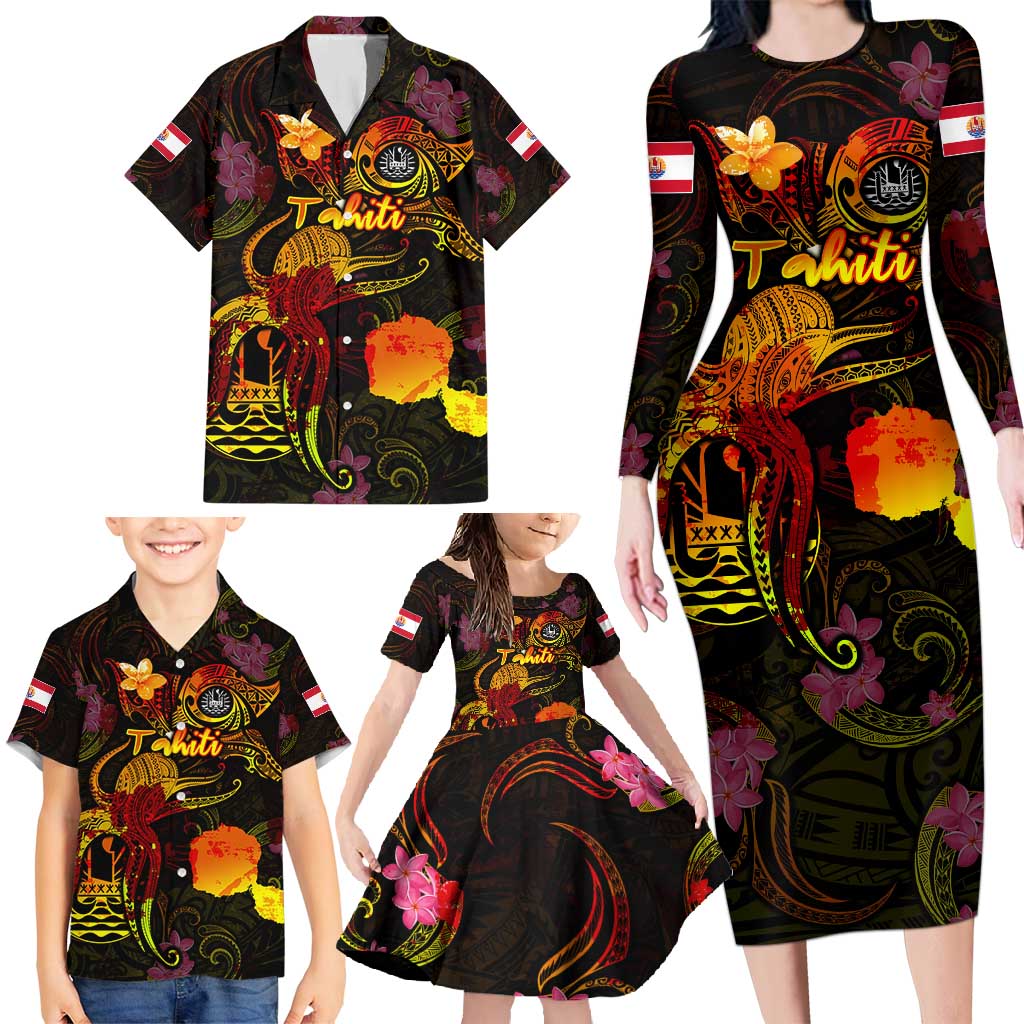 Tahiti French Polynesia Family Matching Long Sleeve Bodycon Dress and Hawaiian Shirt Octopus Plumeria Polynesian Tattoo DT02 - Polynesian Pride