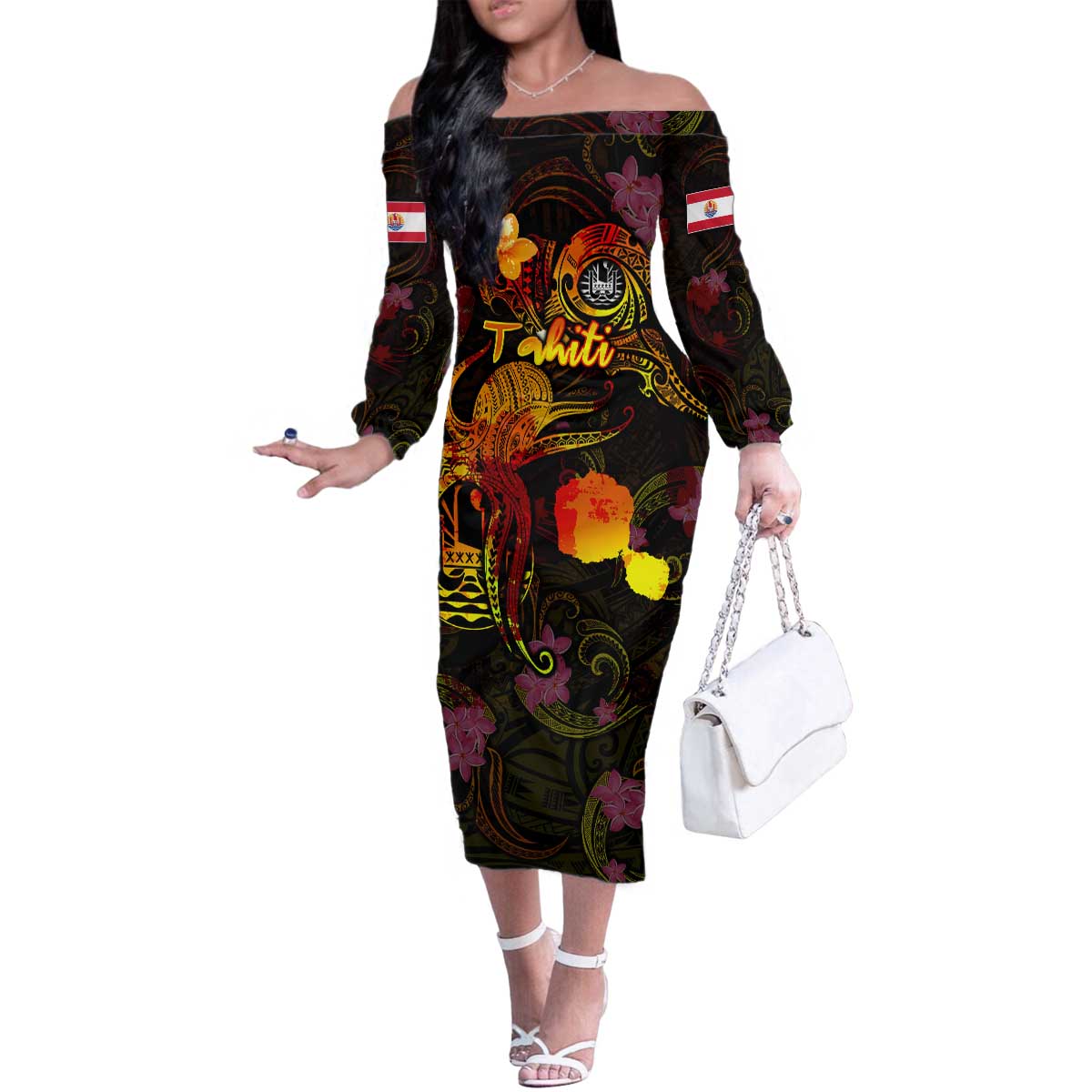 Tahiti French Polynesia Family Matching Off The Shoulder Long Sleeve Dress and Hawaiian Shirt Octopus Plumeria Polynesian Tattoo