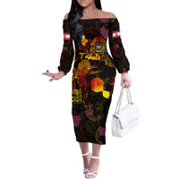 Tahiti French Polynesia Family Matching Off The Shoulder Long Sleeve Dress and Hawaiian Shirt Octopus Plumeria Polynesian Tattoo