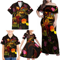 Tahiti French Polynesia Family Matching Off Shoulder Maxi Dress and Hawaiian Shirt Octopus Plumeria Polynesian Tattoo