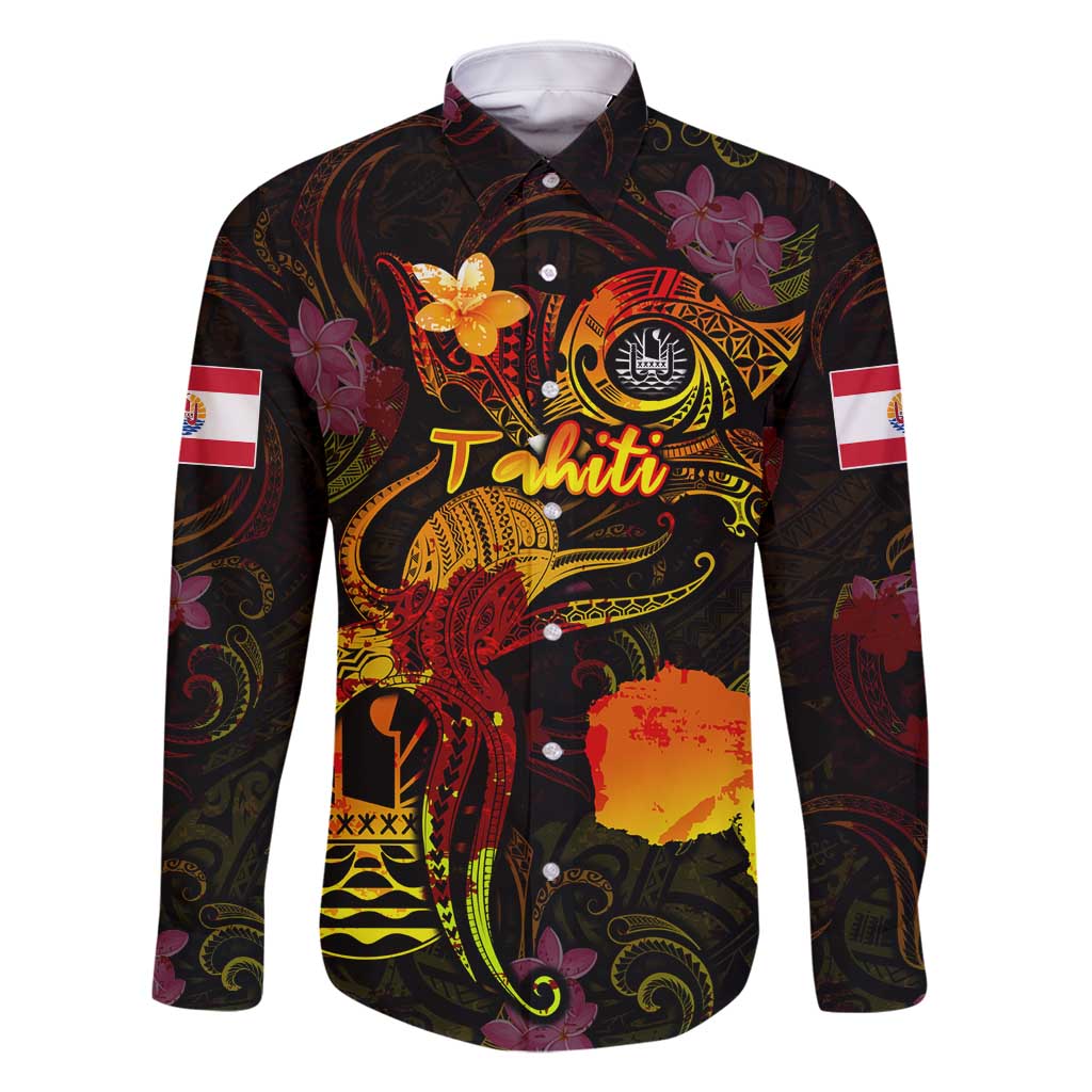 Tahiti French Polynesia Family Matching Tank Maxi Dress and Hawaiian Shirt Octopus Plumeria Polynesian Tattoo DT02 Dad's Shirt - Long Sleeve Black - Polynesian Pride