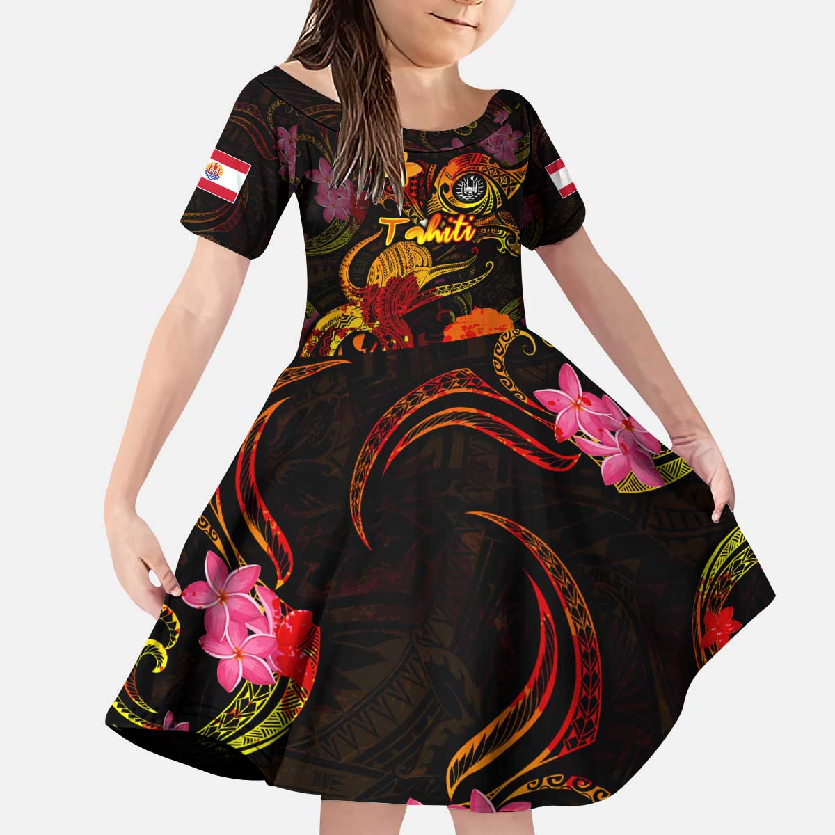 Tahiti French Polynesia Kid Short Sleeve Dress Octopus Plumeria Polynesian Tattoo