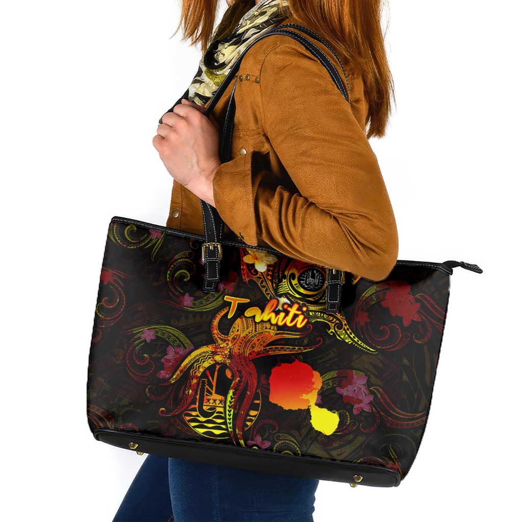 Tahiti French Polynesia Leather Tote Bag Octopus Plumeria Polynesian Tattoo