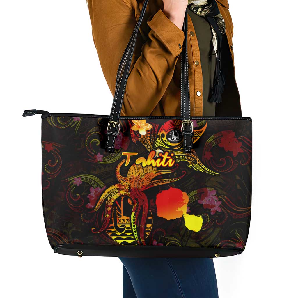 Tahiti French Polynesia Leather Tote Bag Octopus Plumeria Polynesian Tattoo