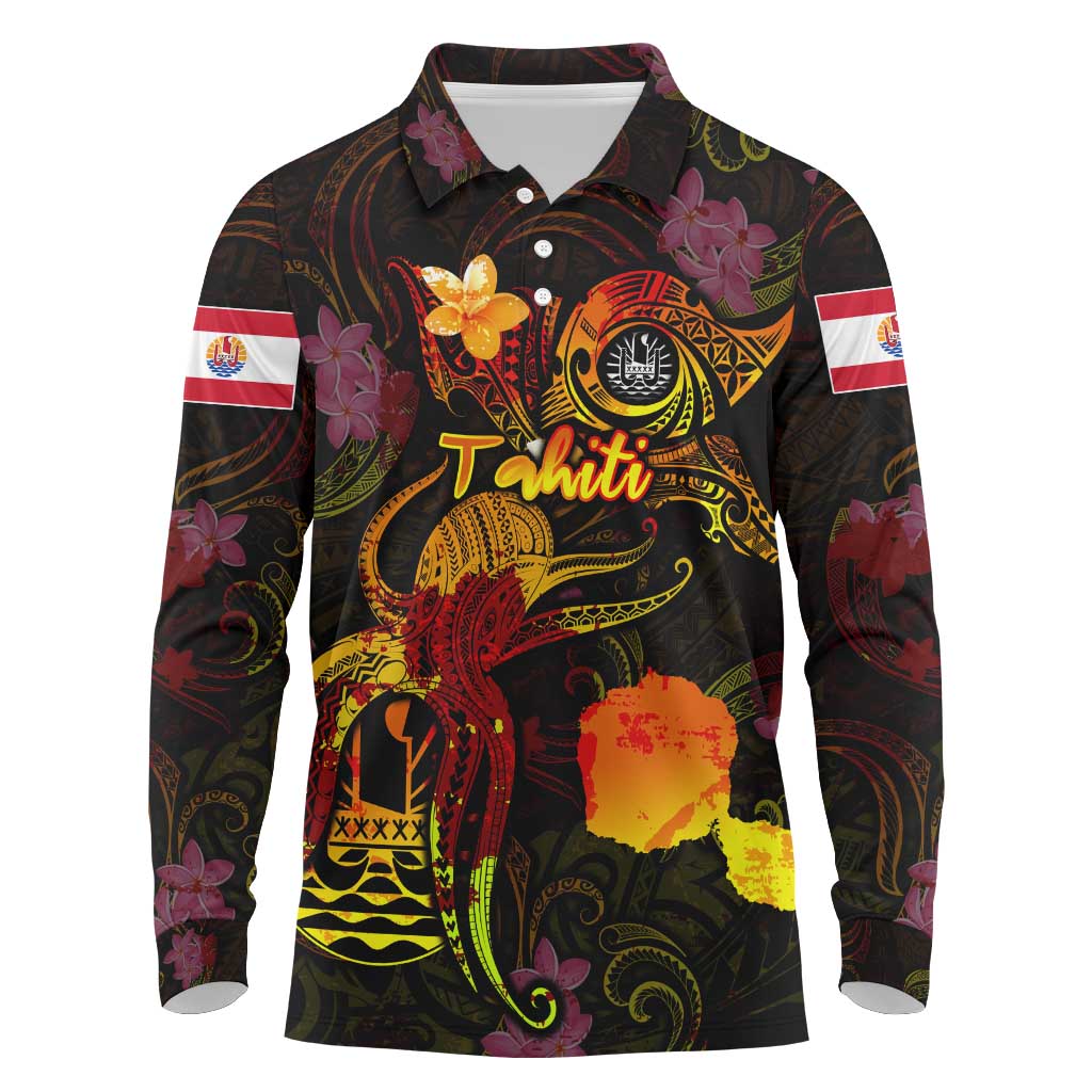 Tahiti French Polynesia Long Sleeve Polo Shirt Octopus Plumeria Polynesian Tattoo DT02 Black - Polynesian Pride