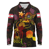 Tahiti French Polynesia Long Sleeve Polo Shirt Octopus Plumeria Polynesian Tattoo DT02 Black - Polynesian Pride