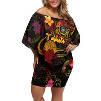 Tahiti French Polynesia Off Shoulder Short Dress Octopus Plumeria Polynesian Tattoo