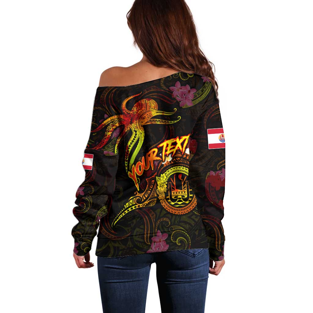 Tahiti French Polynesia Off Shoulder Sweater Octopus Plumeria Polynesian Tattoo