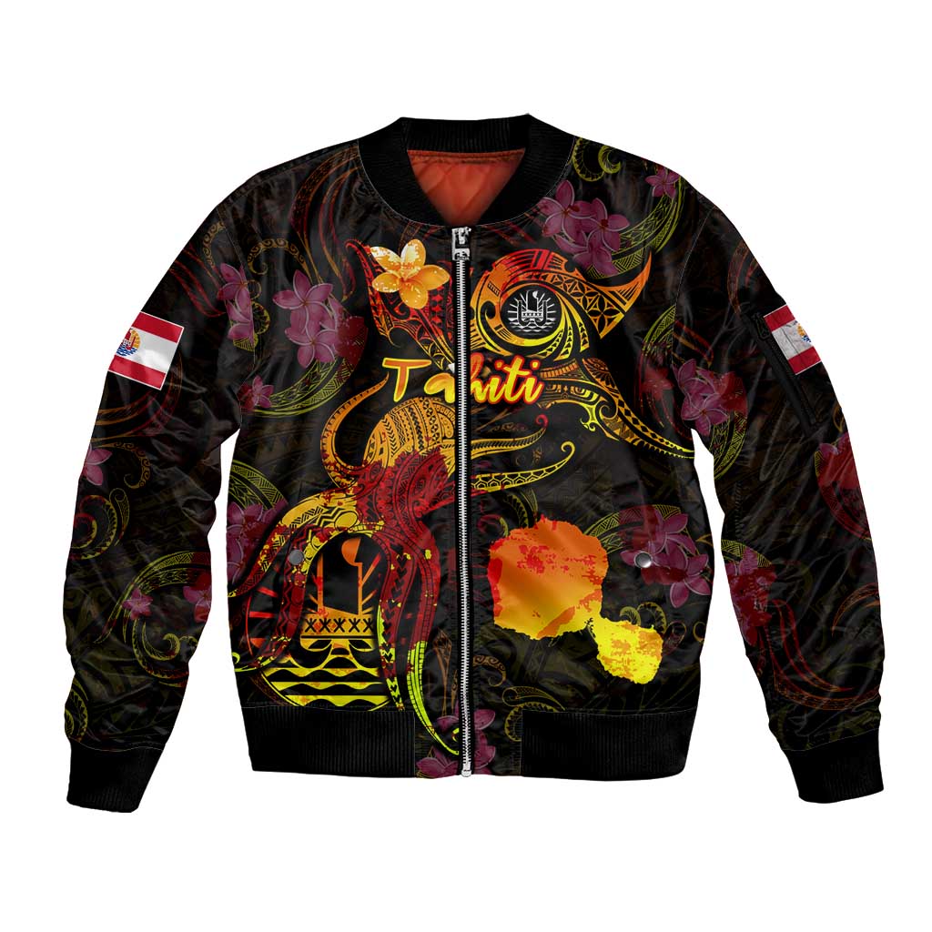 Tahiti French Polynesia Sleeve Zip Bomber Jacket Octopus Plumeria Polynesian Tattoo DT02 Unisex Black - Polynesian Pride