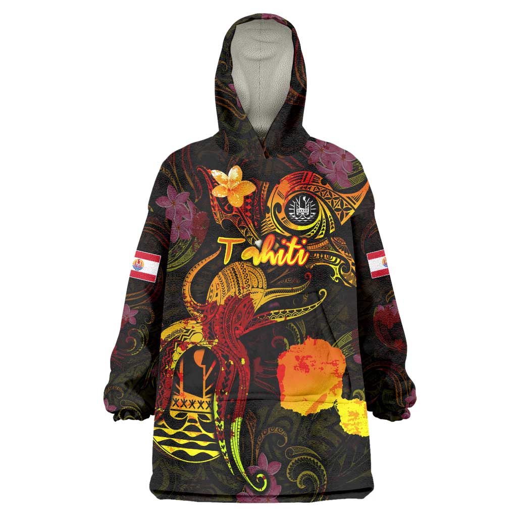 Tahiti French Polynesia Wearable Blanket Hoodie Octopus Plumeria Polynesian Tattoo DT02 One Size Black - Polynesian Pride